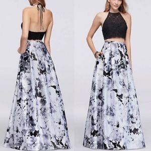 BLONDIE Nites Gray and Black Floral Satin Maxi Ball Skirt
